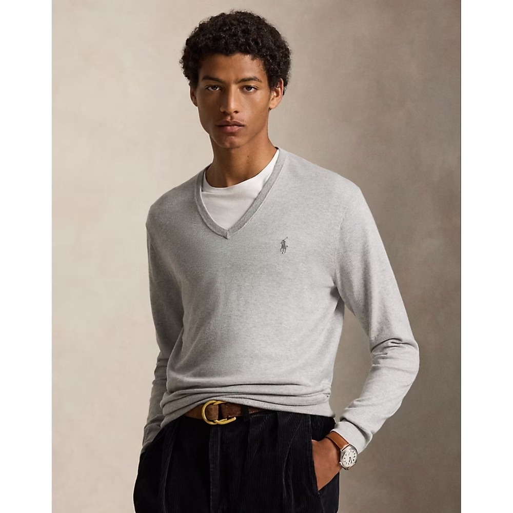 Polo Ralph Lauren Mens V-Neck Sweater Heather Grey Pima Cotton Large